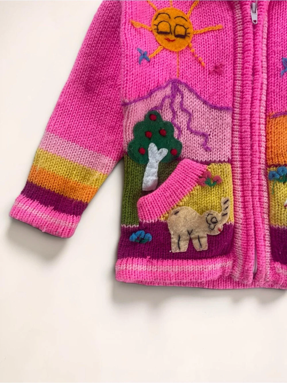 HANDMADE Neon Folk Art Storybook Landscape Hooded Knit Zip Up Cardigan